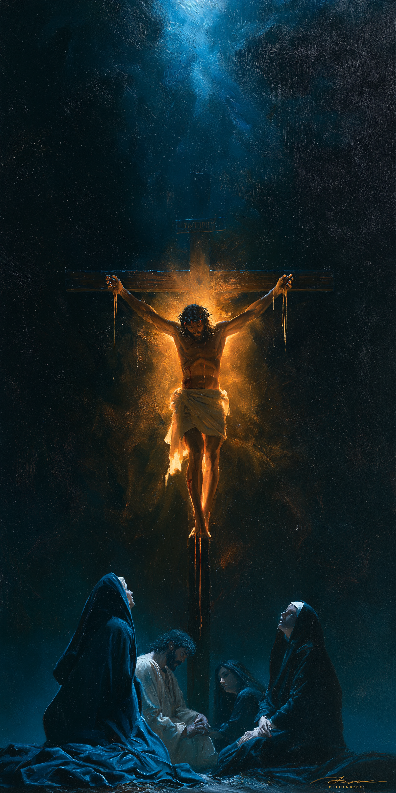 La Crucifixion — Clair-obscur bleu nuit · Portrait n° 1 — aperçu de la finition sélectionnée