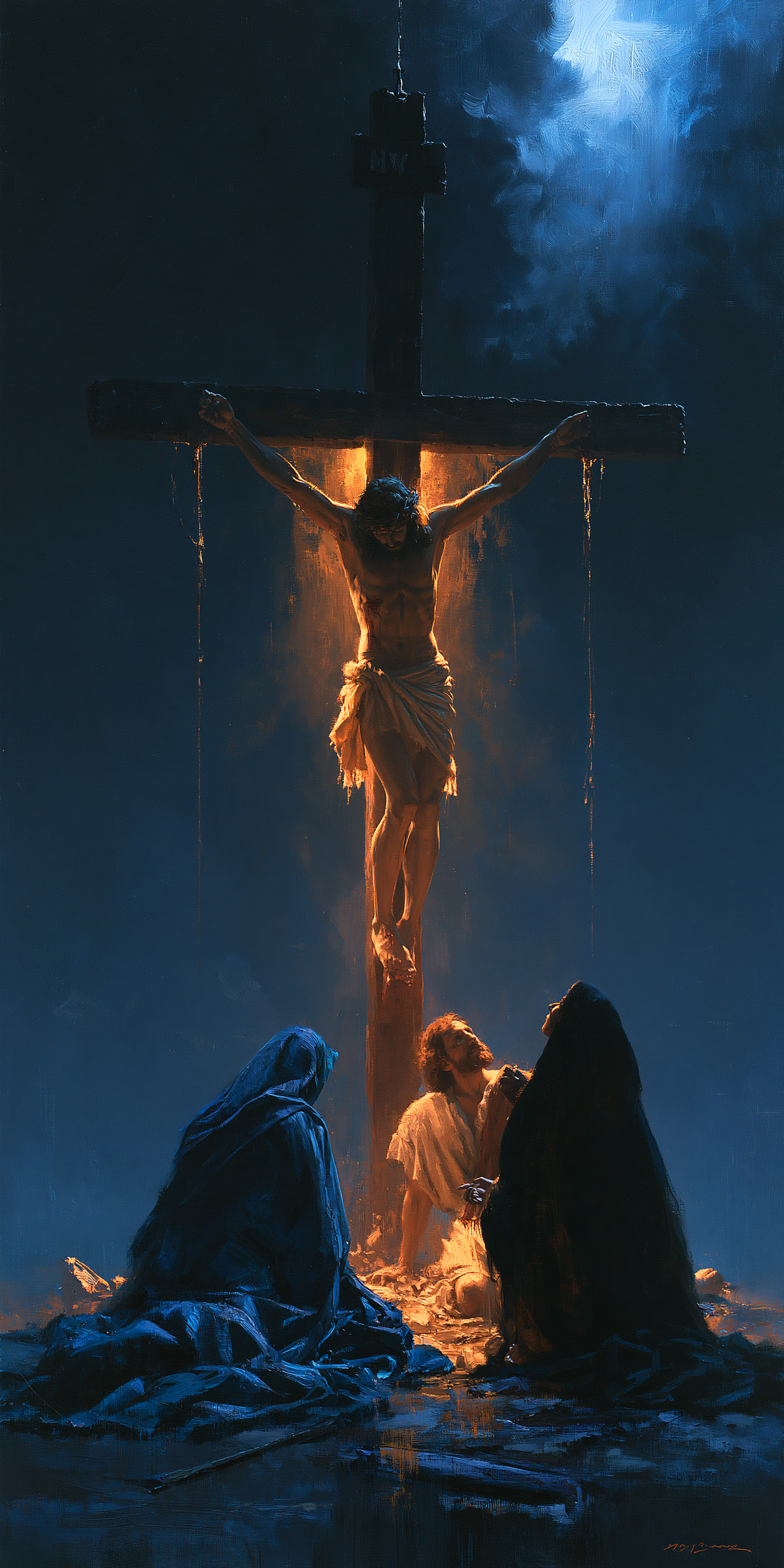 La Crucifixion — Clair-obscur bleu nuit · Portrait n° 2 — aperçu de la finition sélectionnée