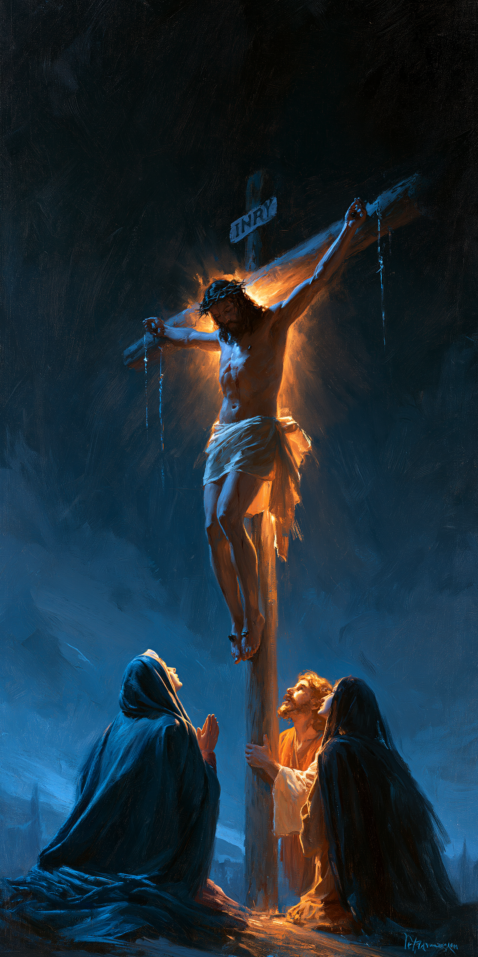 La Crucifixion — Clair-obscur bleu nuit · Portrait n° 3 — aperçu de la finition sélectionnée