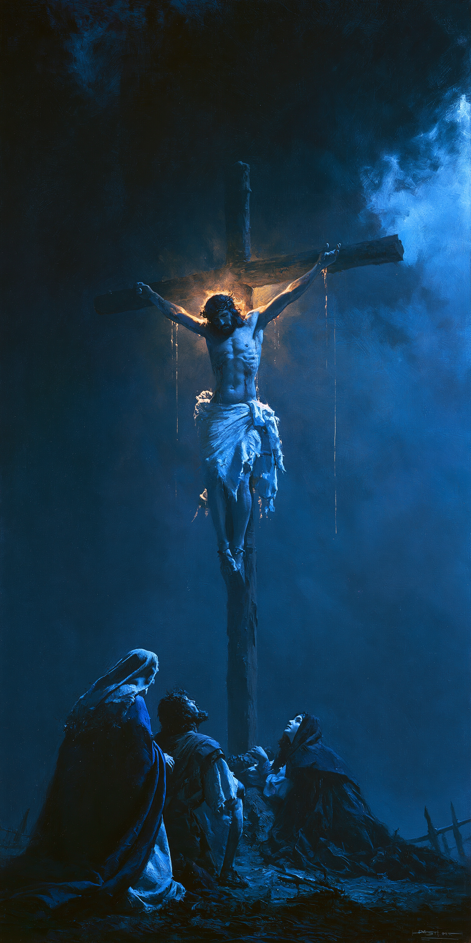 La Crucifixion — Clair-obscur bleu nuit · Portrait n° 4 — aperçu de la finition sélectionnée
