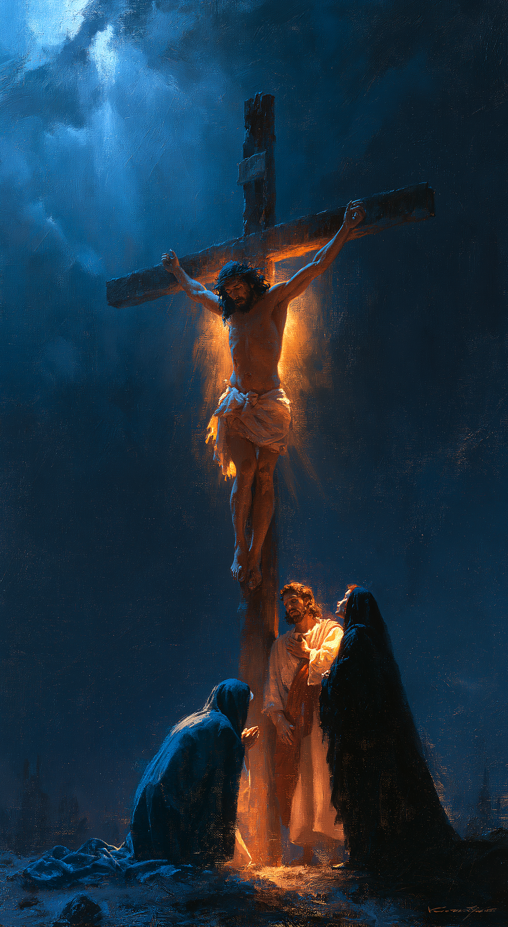 La Crucifixion — Clair-obscur bleu nuit · Portrait n° 5 — aperçu de la finition sélectionnée