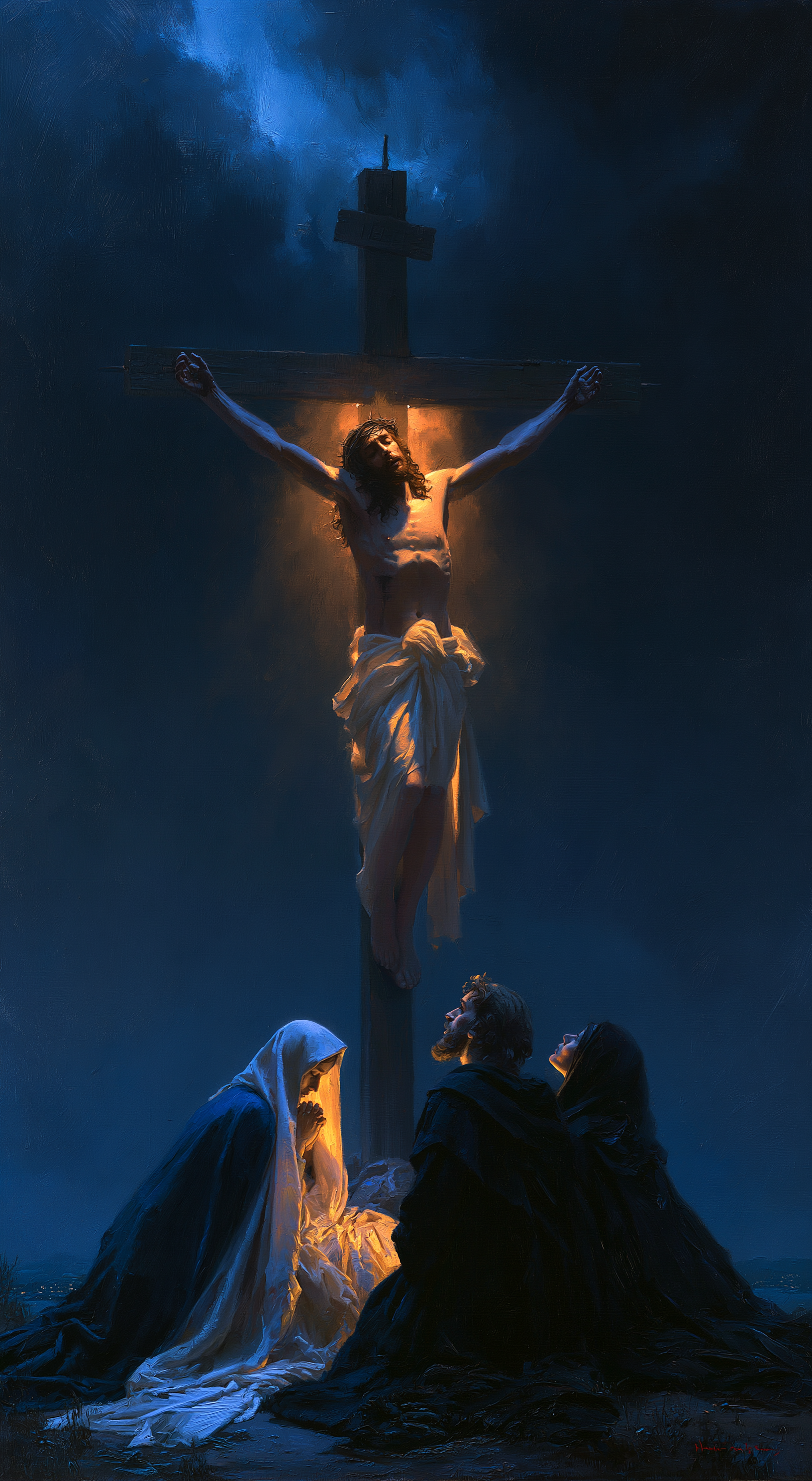La Crucifixion — Clair-obscur bleu nuit · Portrait n° 6 — aperçu de la finition sélectionnée