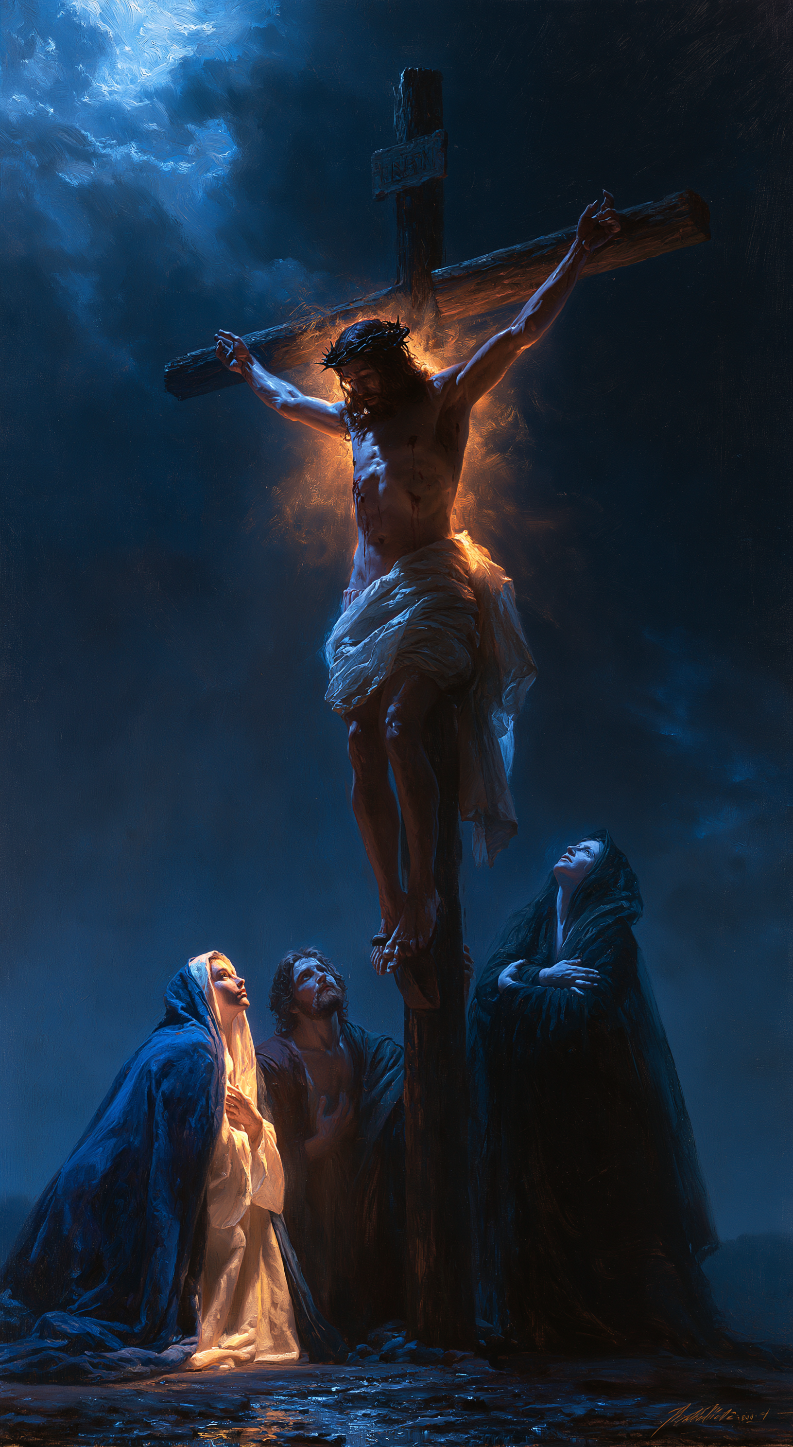 La Crucifixion — Clair-obscur bleu nuit · Portrait n° 7 — aperçu de la finition sélectionnée