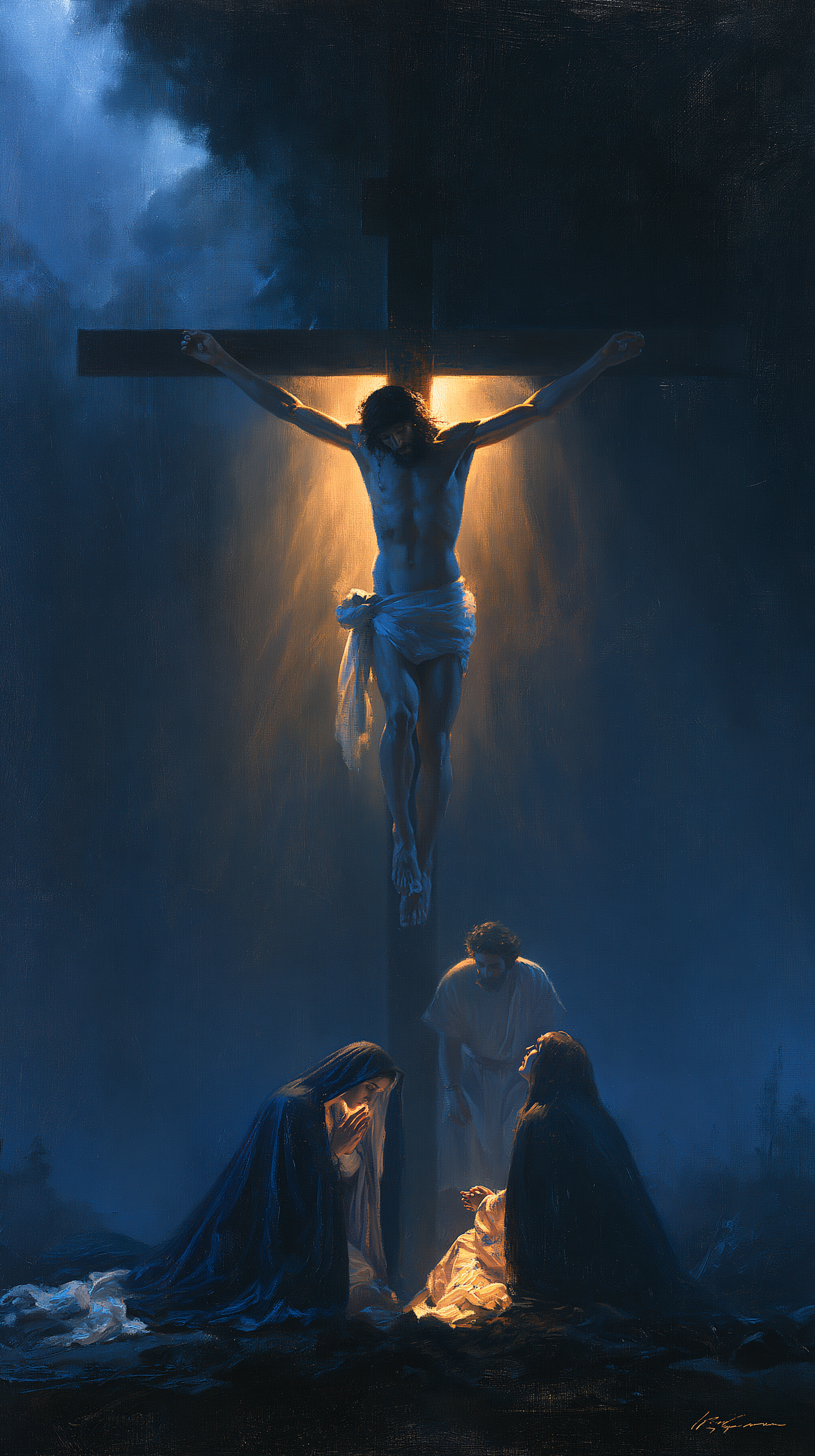La Crucifixion — Clair-obscur bleu nuit · Portrait n° 9 — aperçu de la finition sélectionnée