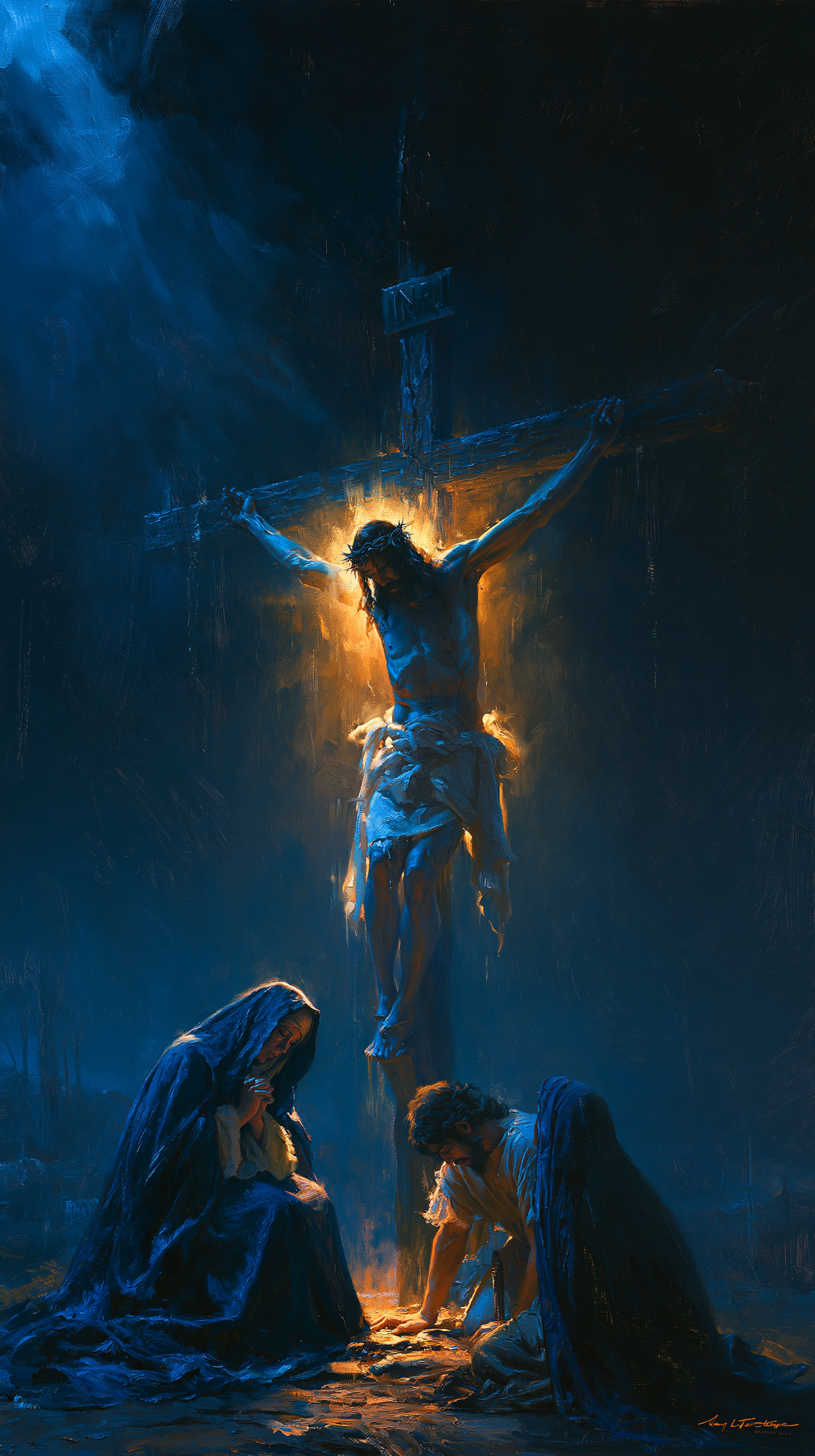 La Crucifixion — Clair-obscur bleu nuit · Portrait n° 10 — aperçu de la finition sélectionnée