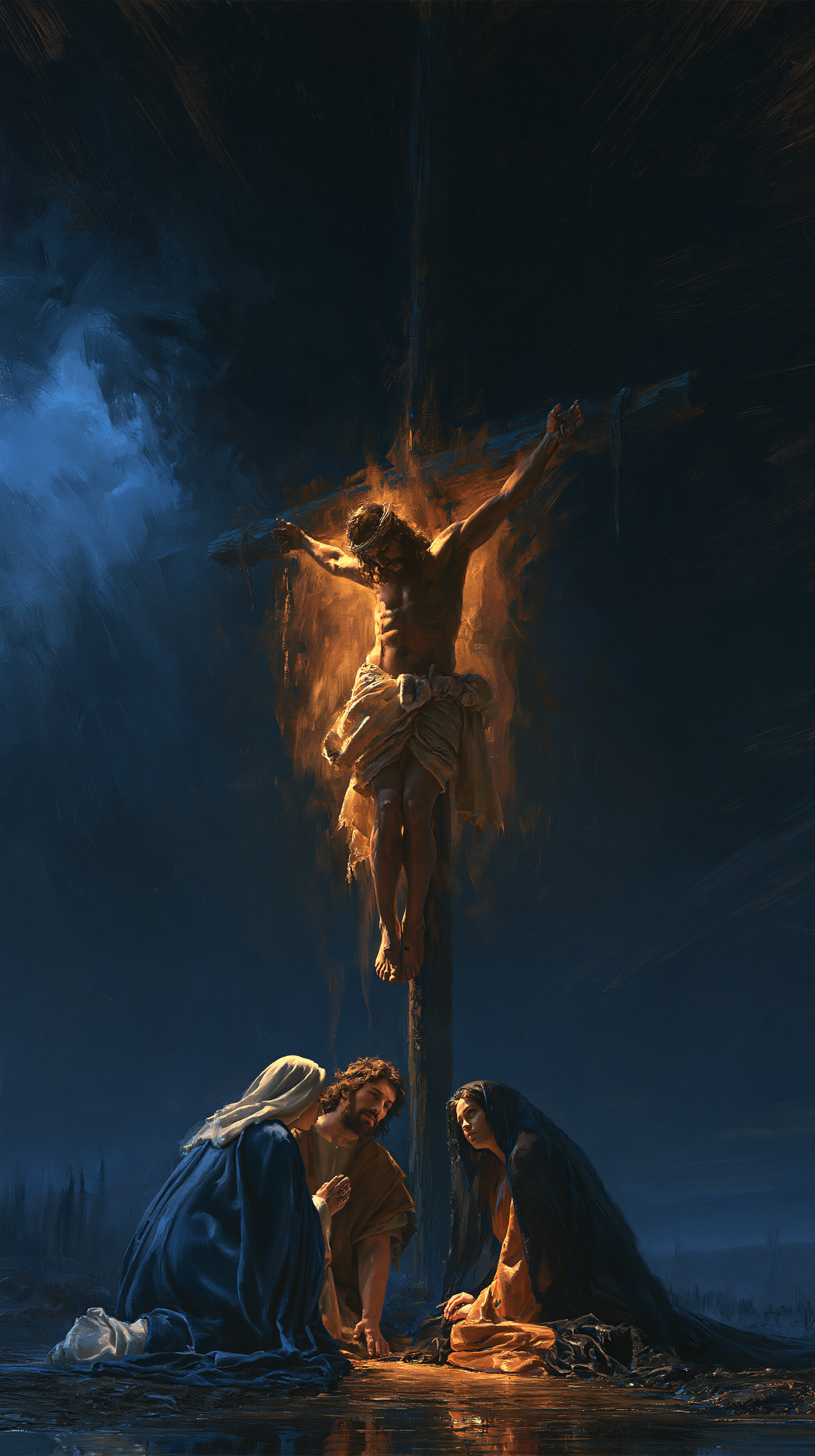 La Crucifixion — Clair-obscur bleu nuit · Portrait n° 11 — aperçu de la finition sélectionnée
