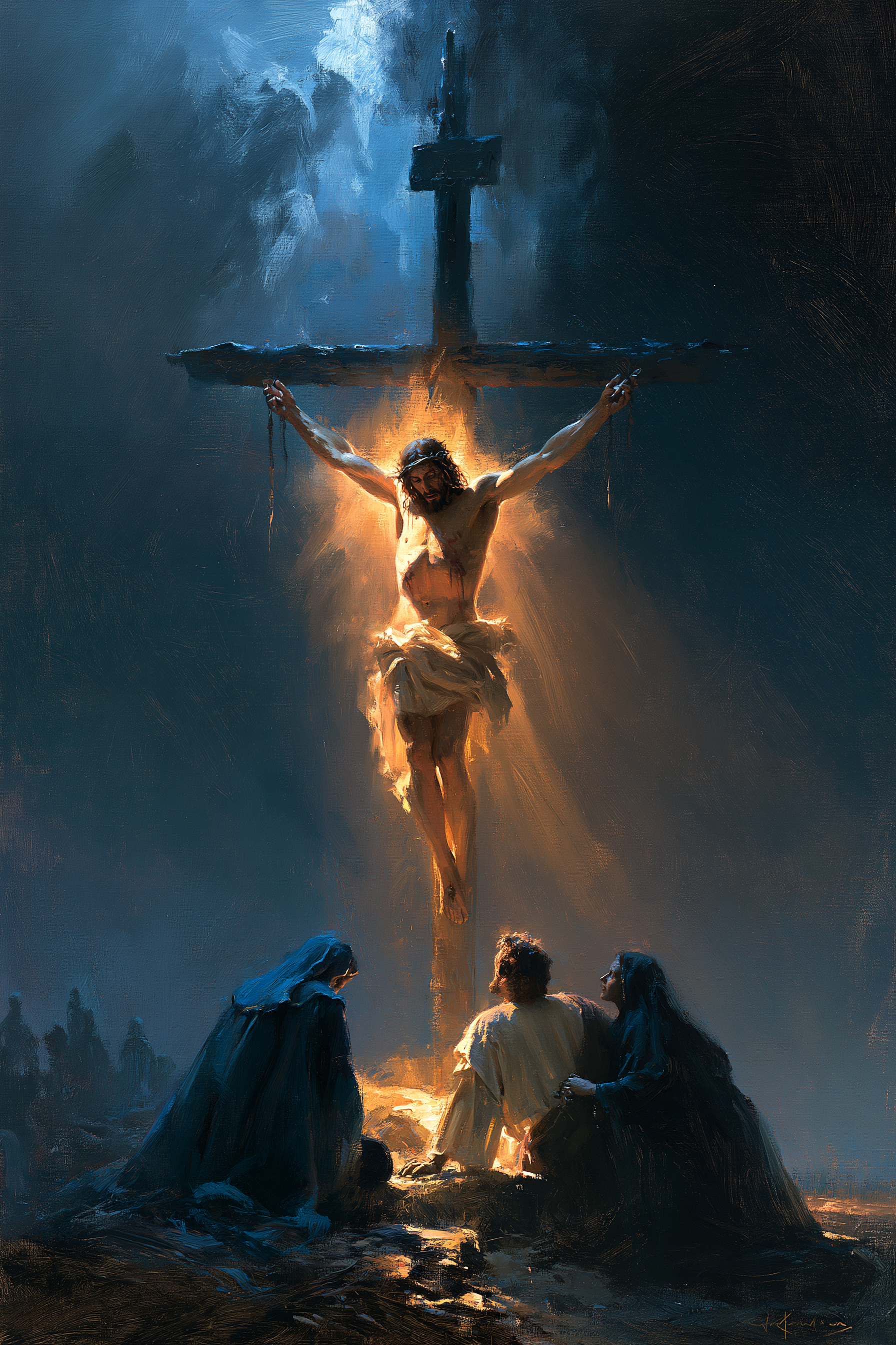 La Crucifixion — Clair-obscur bleu nuit · Portrait n° 13 — aperçu de la finition sélectionnée