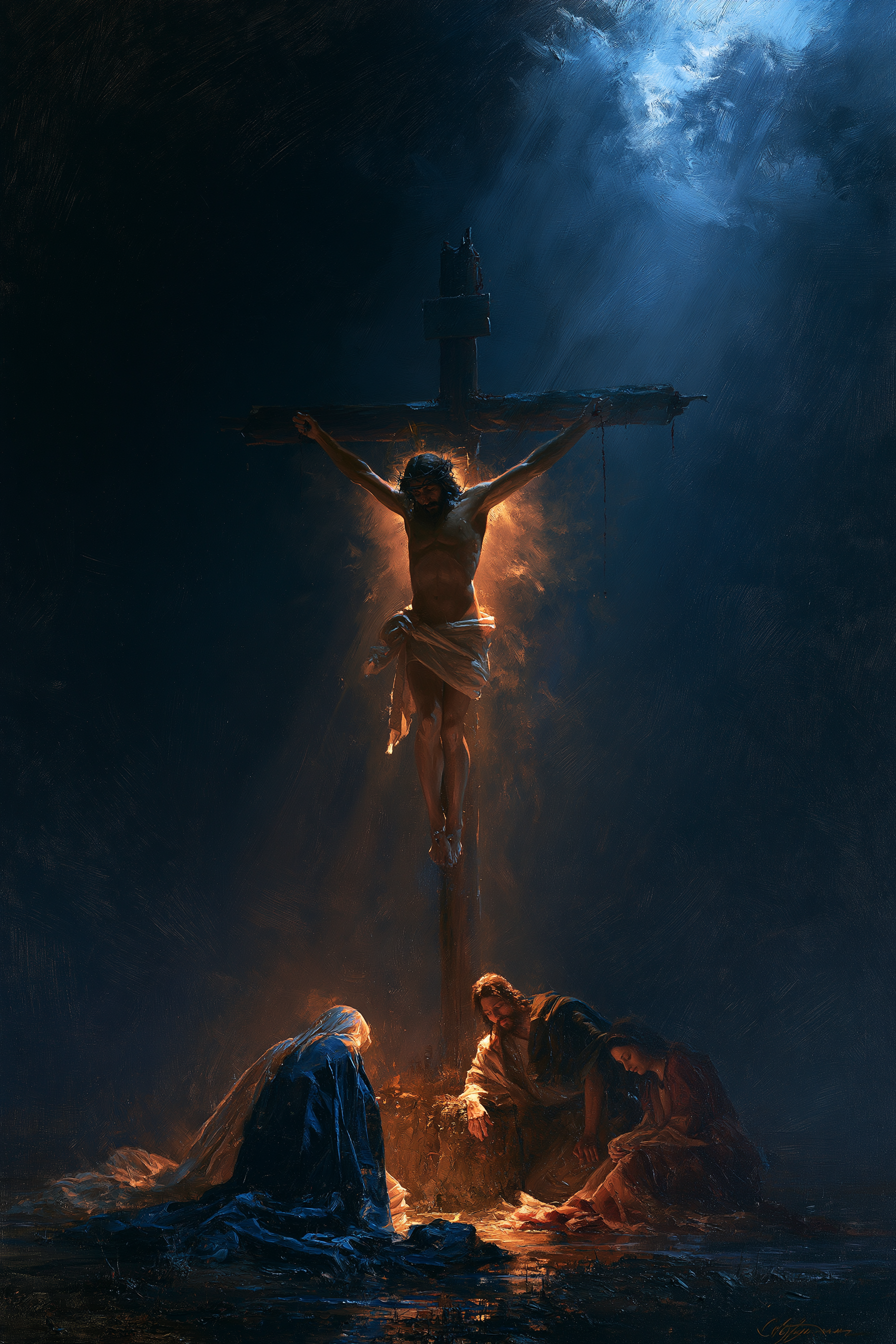 La Crucifixion — Clair-obscur bleu nuit · Portrait n° 14 — aperçu de la finition sélectionnée