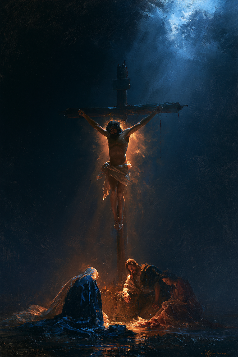 La Crucifixion — Clair-obscur bleu nuit · Portrait n° 14