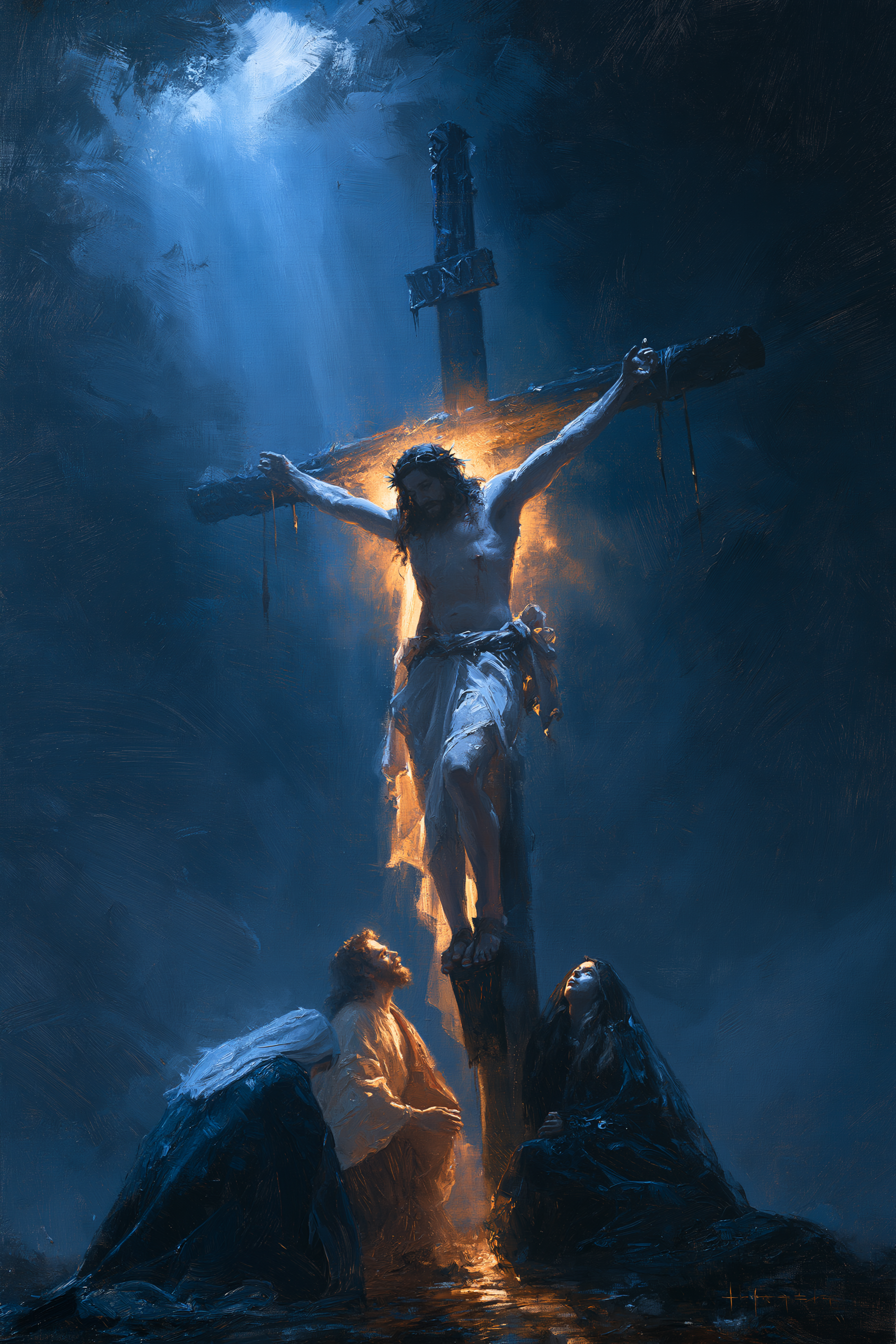 La Crucifixion — Clair-obscur bleu nuit · Portrait n° 15 — aperçu de la finition sélectionnée