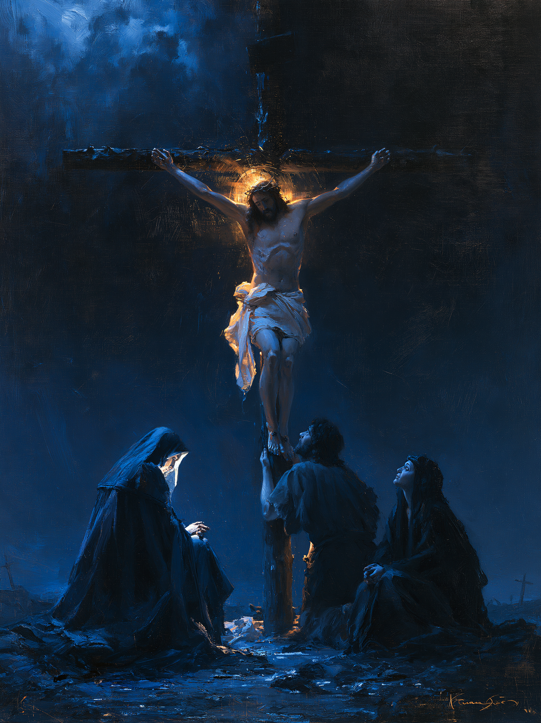 La Crucifixion — Clair-obscur bleu nuit · Portrait n° 16 — aperçu de la finition sélectionnée