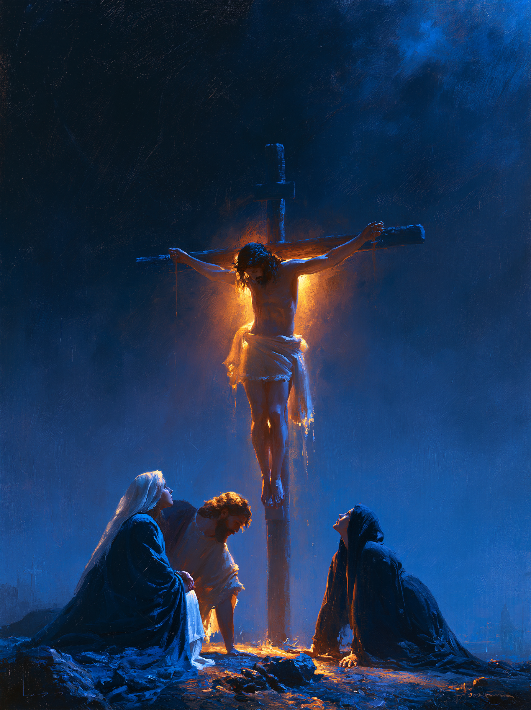 La Crucifixion — Clair-obscur bleu nuit · Portrait n° 18 — aperçu de la finition sélectionnée