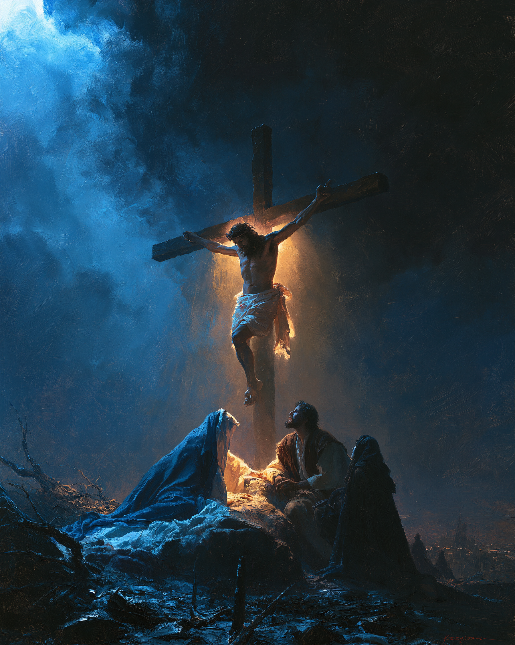 La Crucifixion — Clair-obscur bleu nuit · Portrait n° 20 — aperçu de la finition sélectionnée