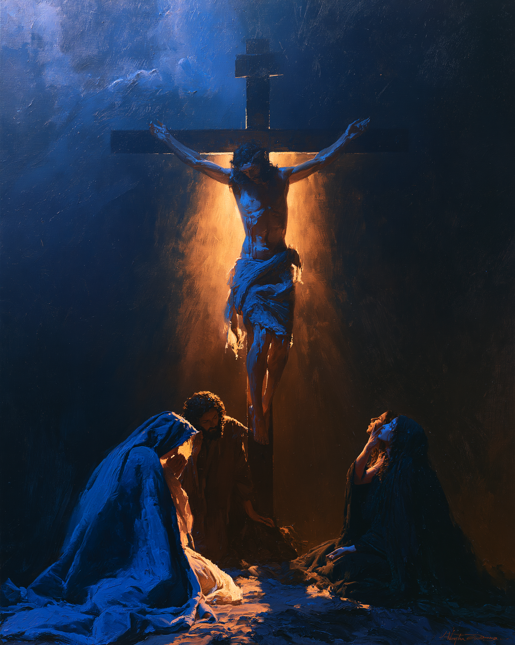 La Crucifixion — Clair-obscur bleu nuit · Portrait n° 21 — aperçu de la finition sélectionnée