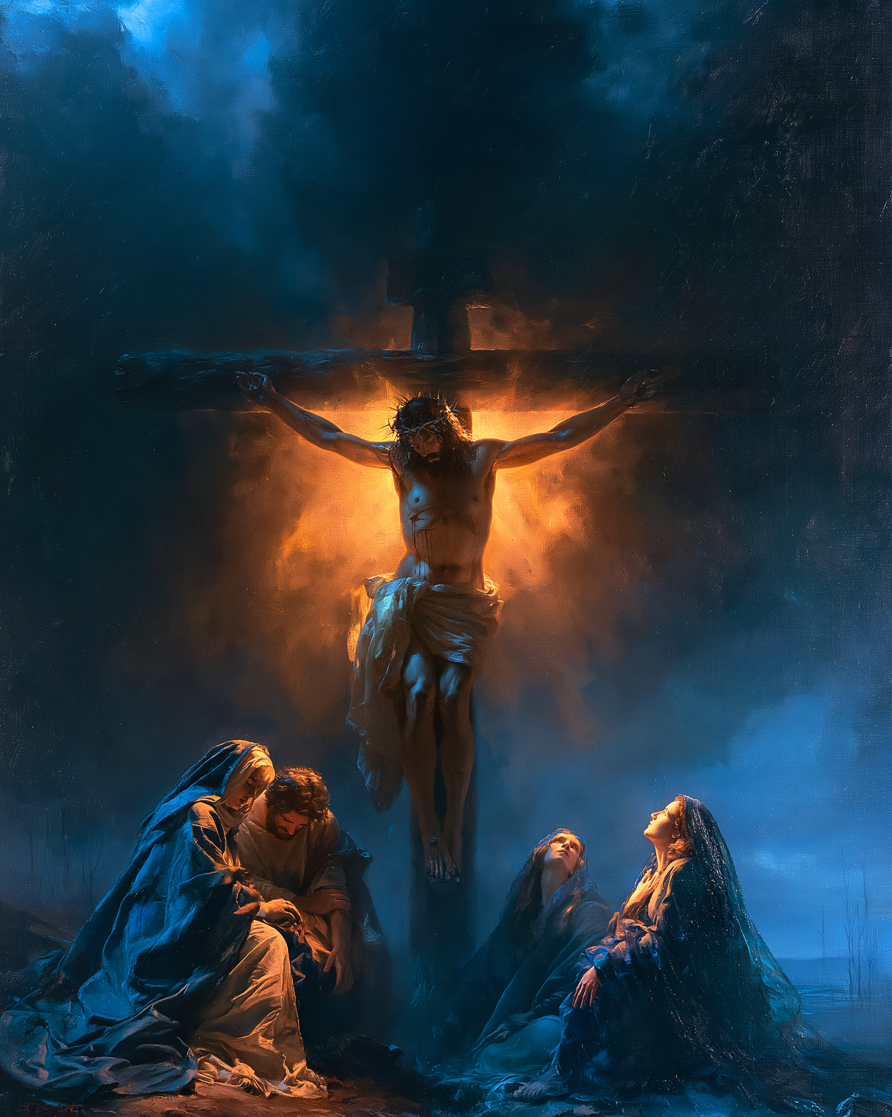 La Crucifixion — Clair-obscur bleu nuit · Portrait n° 22 — aperçu de la finition sélectionnée