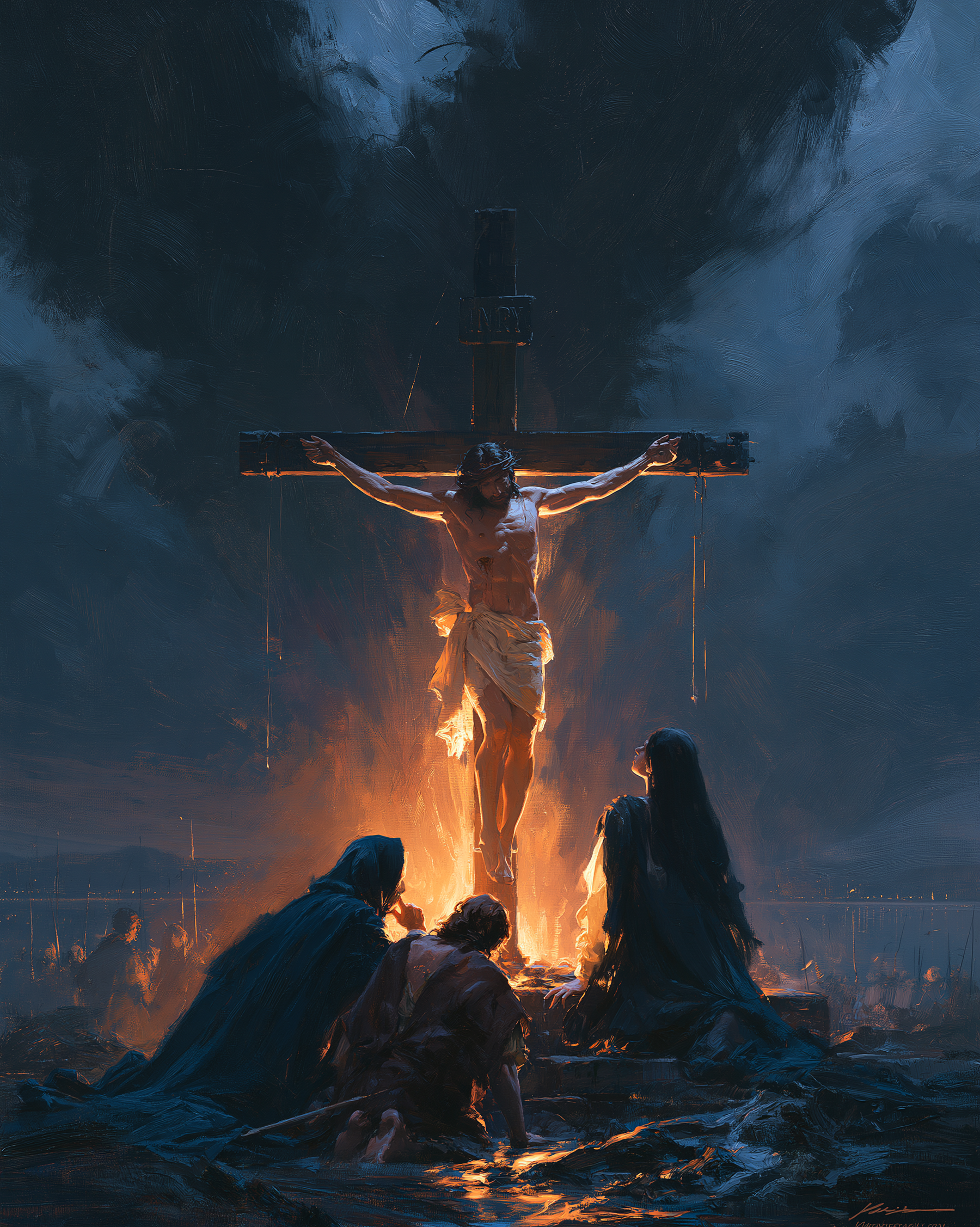 La Crucifixion — Clair-obscur bleu nuit · Portrait n° 23 — aperçu de la finition sélectionnée