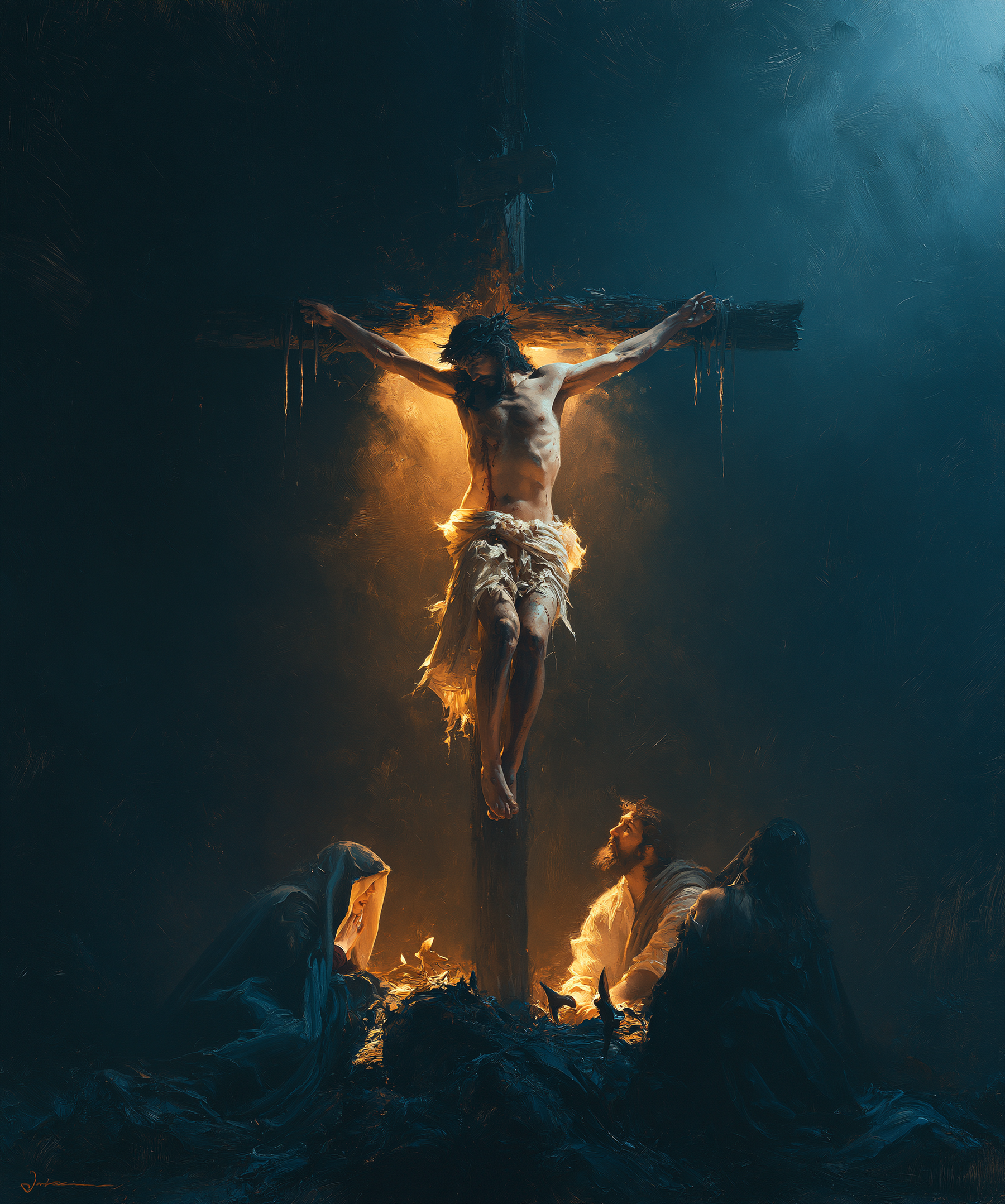 La Crucifixion — Clair-obscur bleu nuit · Portrait n° 24 — aperçu de la finition sélectionnée