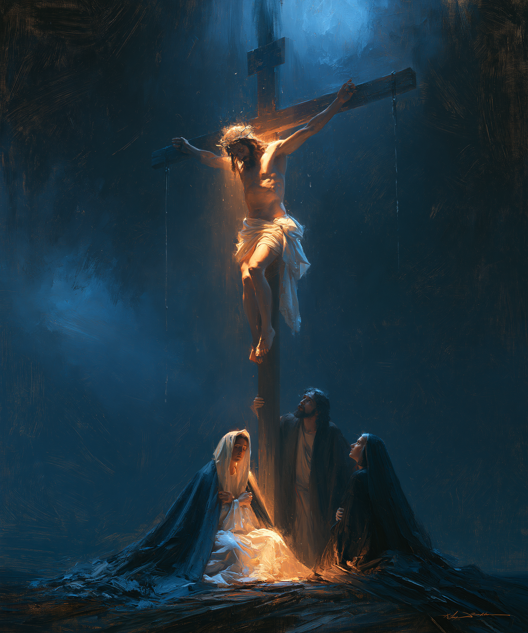 La Crucifixion — Clair-obscur bleu nuit · Portrait n° 25 — aperçu de la finition sélectionnée