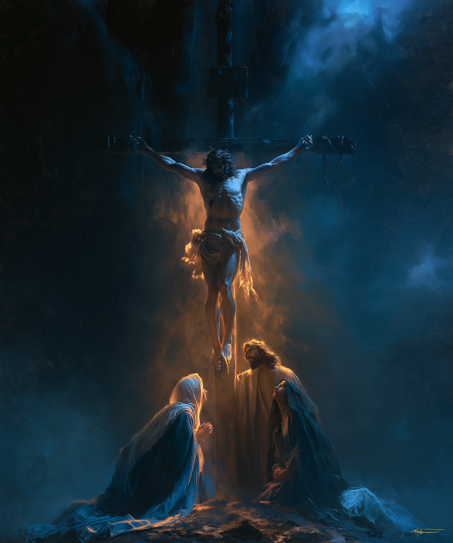La Crucifixion — Clair-obscur bleu nuit · Portrait n° 26 — aperçu de la finition sélectionnée