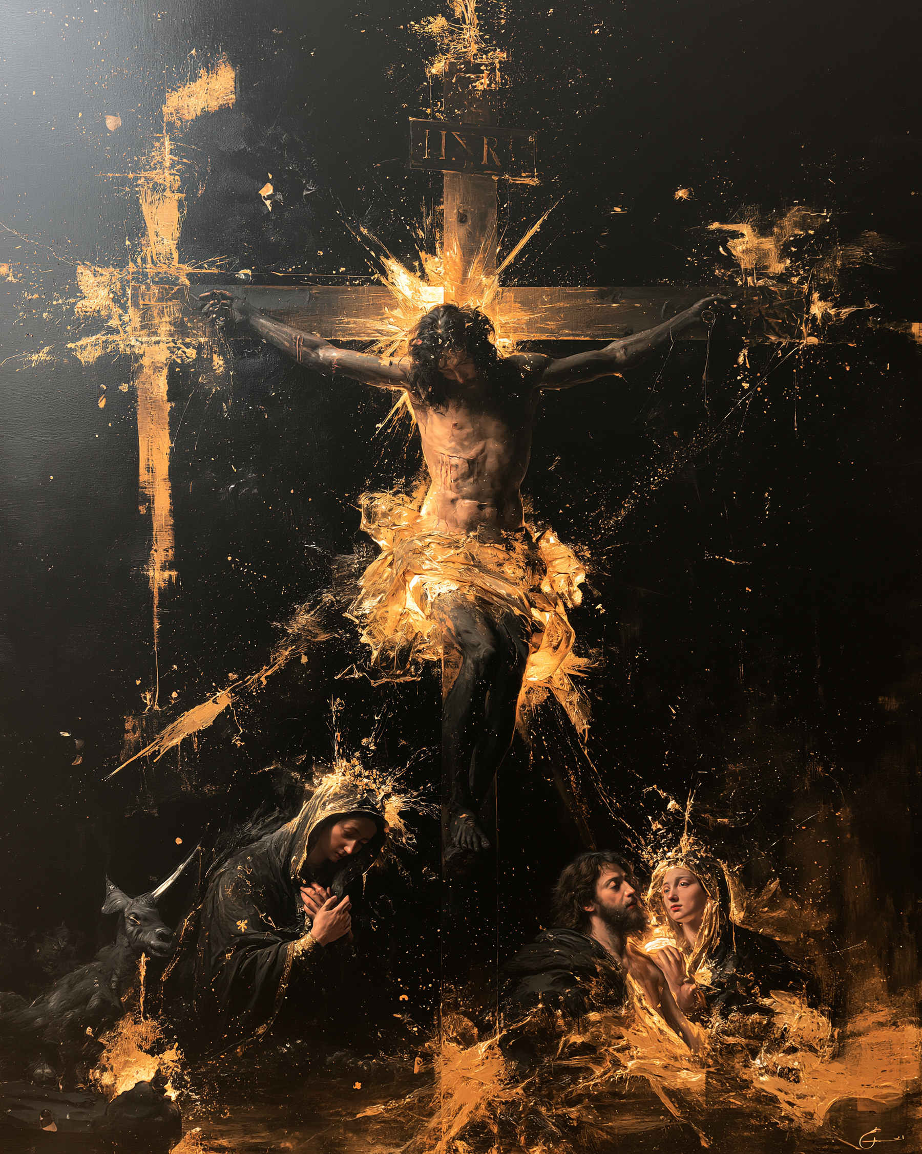 La Crucifixion — Noir et or · Portrait n° 14 — aperçu de la finition sélectionnée