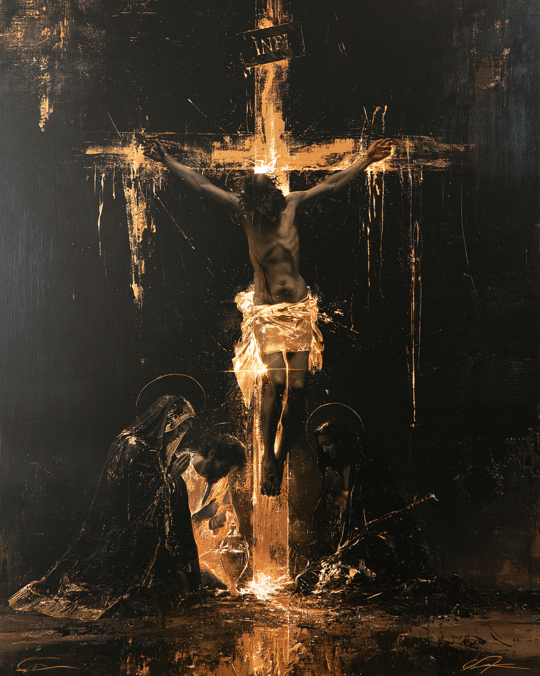 La Crucifixion — Noir et or · Portrait n° 15 — aperçu de la finition sélectionnée