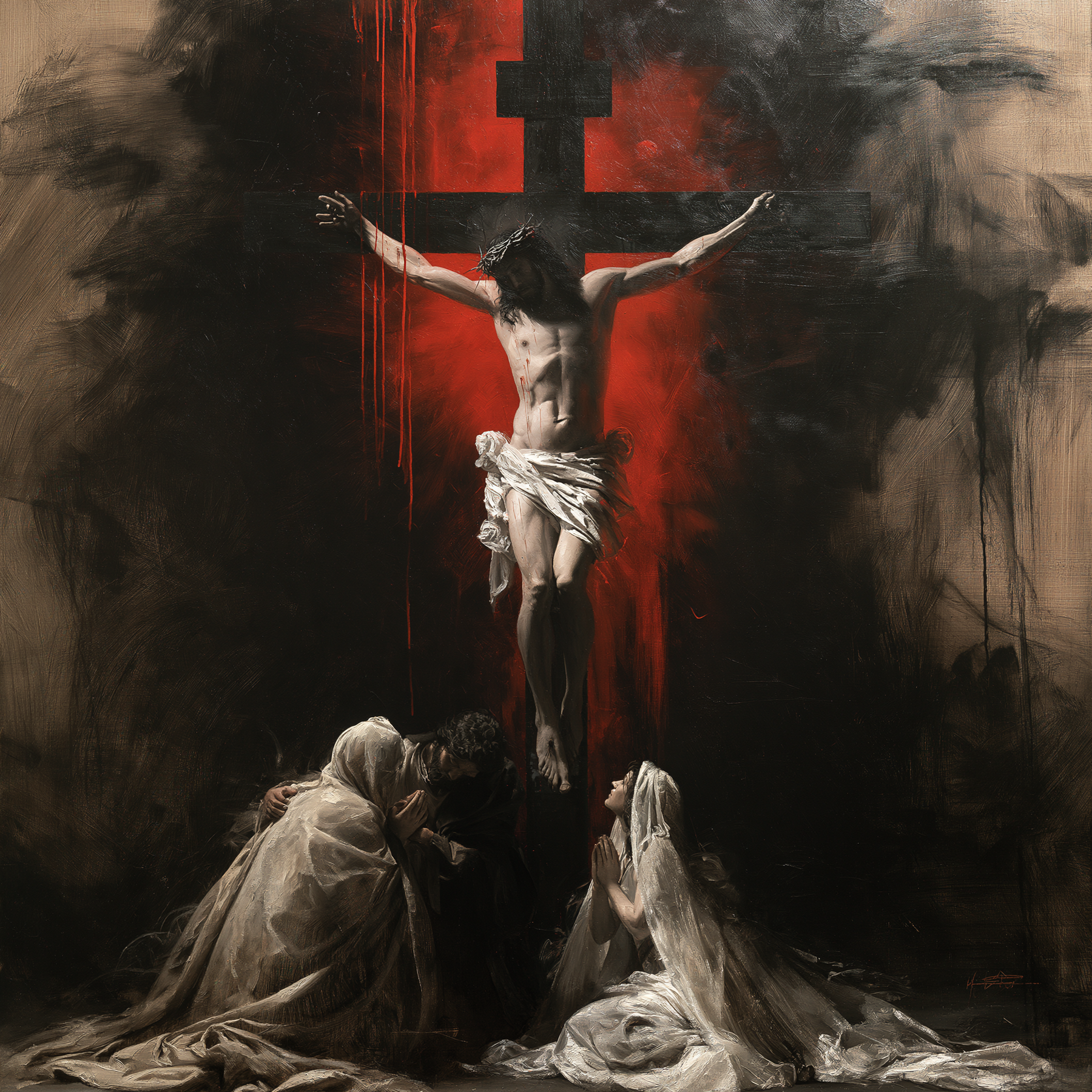 La Crucifixion — Rouge du sacrifice · Carré n° 1 — aperçu de la finition sélectionnée