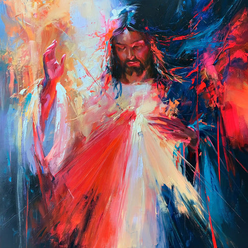 Jesus as Divine Mercy with red and pale rays, expressionist square Christian artwork