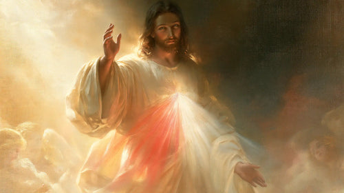 the glory of Divine Mercy Jesus in Glory of the Merciful Christ style, landscape Christian artwork no. 4