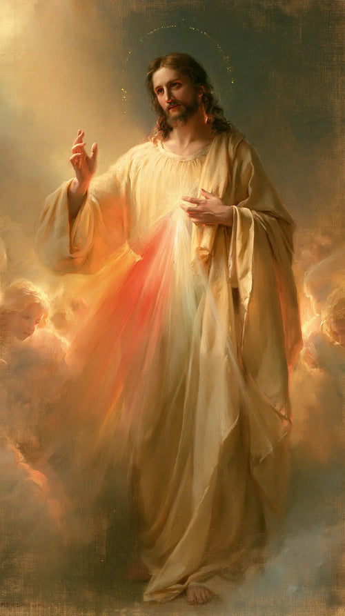 the glory of Divine Mercy Jesus in Glory of the Merciful Christ style, portrait Christian artwork no. 1