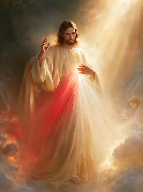the glory of Divine Mercy Jesus in Glory of the Merciful Christ style, portrait Christian artwork no. 6