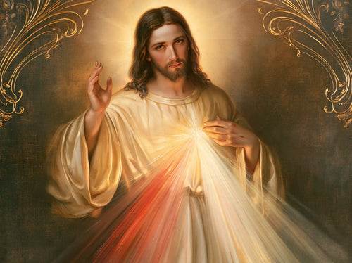 Divine Mercy Jesus framed by sacred Art Nouveau ornament in Sacred Art Nouveau style, landscape Christian artwork no. 7