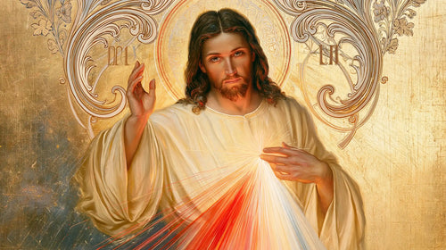 Divine Mercy Jesus framed by sacred Art Nouveau ornament in Sacred Art Nouveau style, landscape Christian artwork no. 8