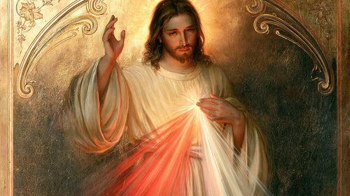 Divine Mercy Jesus framed by sacred Art Nouveau ornament in Sacred Art Nouveau style, landscape Christian artwork no. 12
