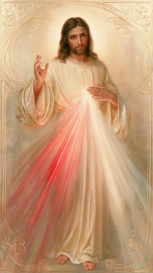 Divine Mercy Jesus framed by sacred Art Nouveau ornament in Sacred Art Nouveau style, portrait Christian artwork no. 5