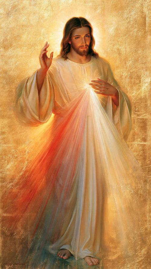 Divine Mercy Jesus in radiant golden light in Sacred Gold style, portrait Christian artwork no. 15