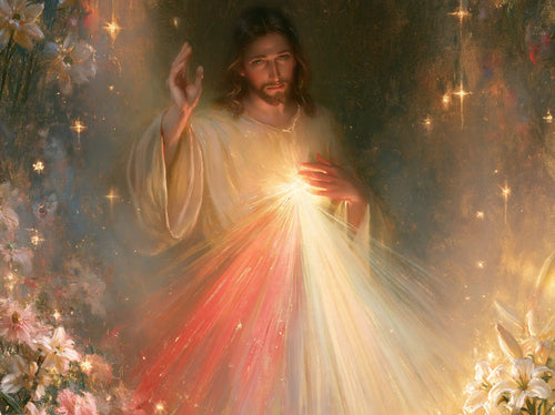 Divine Mercy Jesus in a symbolist composition in Symbolist style, landscape Christian artwork no. 1