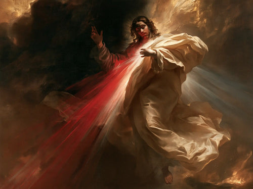 Divine Mercy Jesus in a theatrical Baroque scene in Theatrical Baroque style, landscape Christian artwork no. 2
