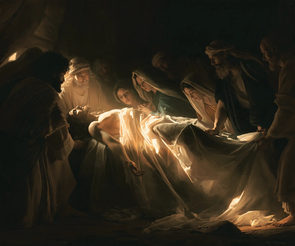 Entombment of Jesus Christ in Divine Light style, landscape Christian artwork no. 4