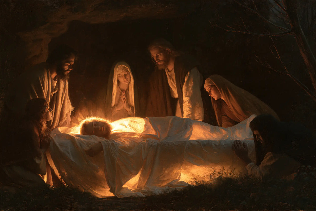 Entombment of Jesus Christ in Divine Light style, landscape Christian artwork no. 9