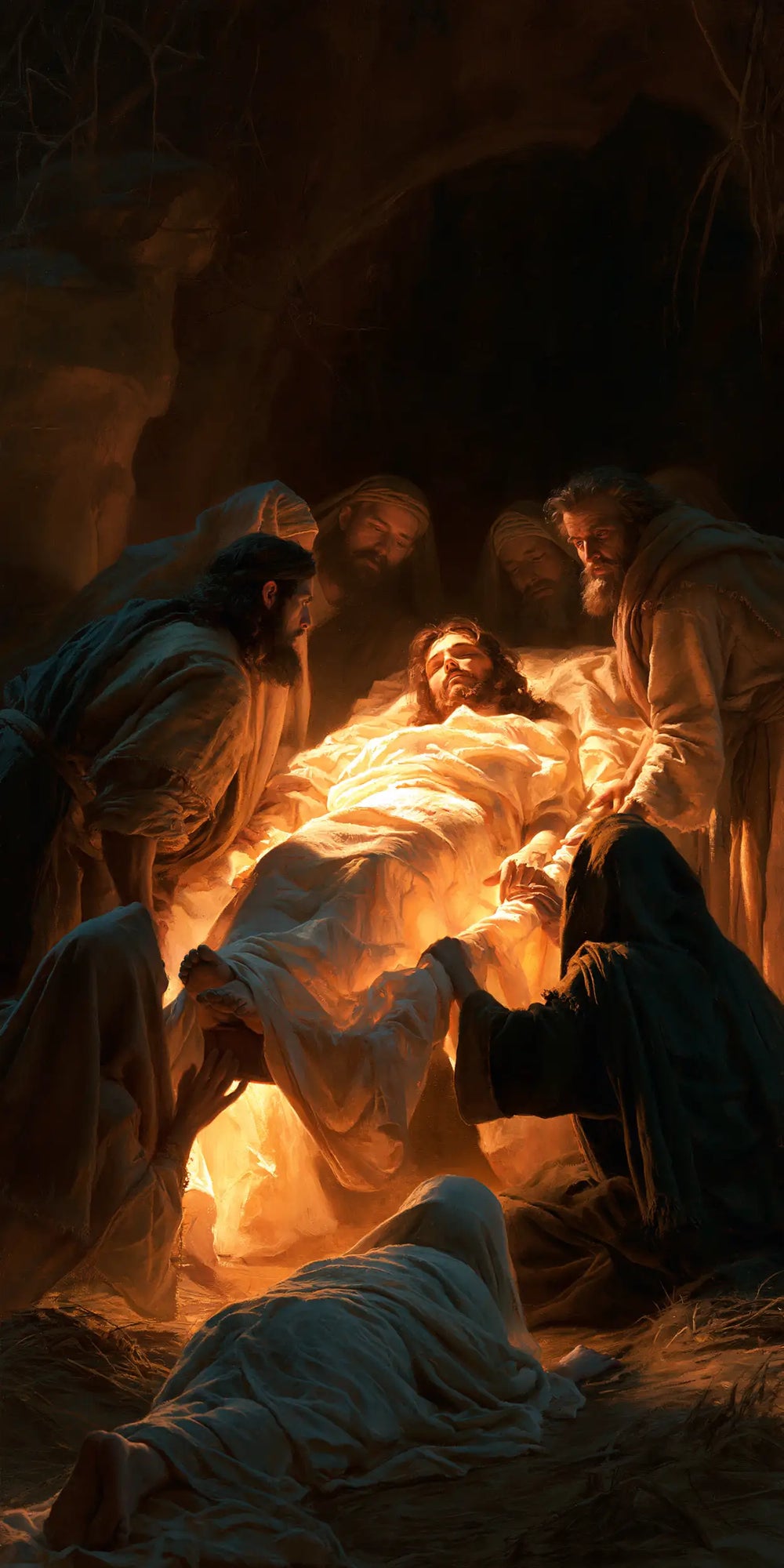Entombment of Jesus Christ in Divine Light style, portrait Christian artwork no. 1