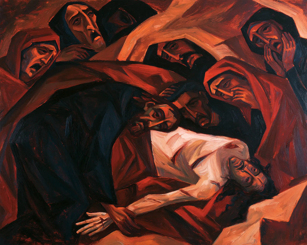 Entombment of Jesus Christ in Expressionist style, landscape Christian artwork no. 2