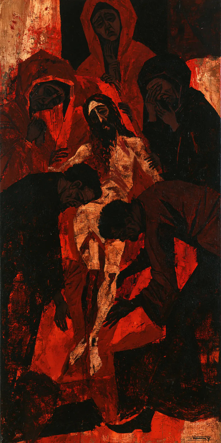 The Entombment of Jesus Christ — The Descent in Red and Charcoal