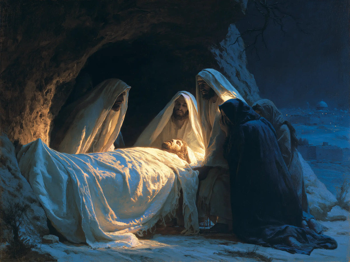 Entombment of Jesus Christ in Midnight-blue Chiaroscuro style, landscape Christian artwork no. 6