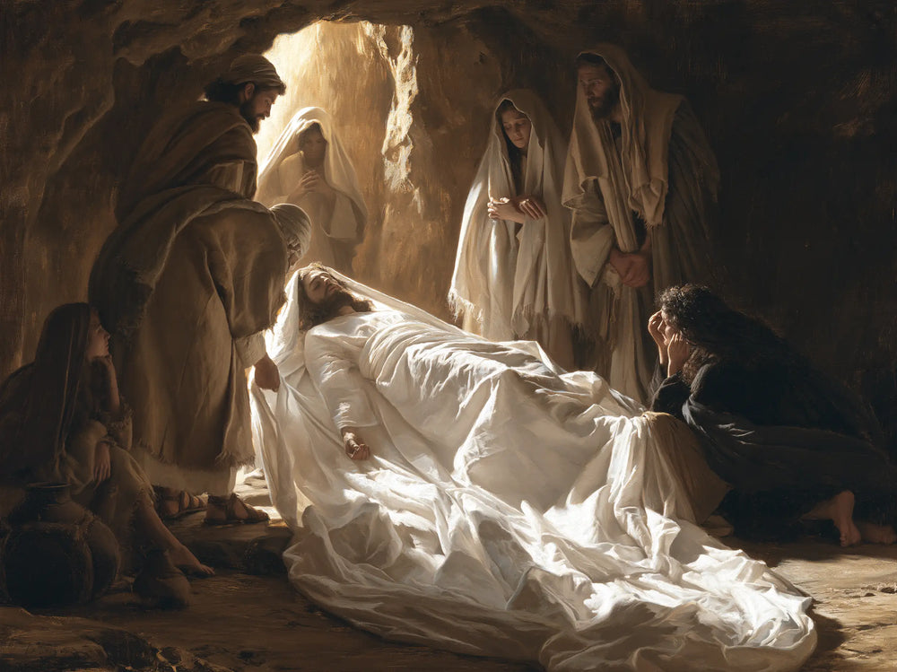 Entombment of Jesus Christ in Sacred Silence style, landscape Christian artwork no. 9