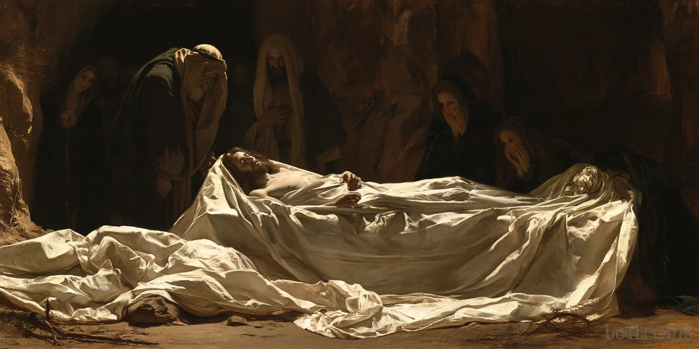 Entombment of Jesus Christ in Sacred Silence style, landscape Christian artwork no. 17
