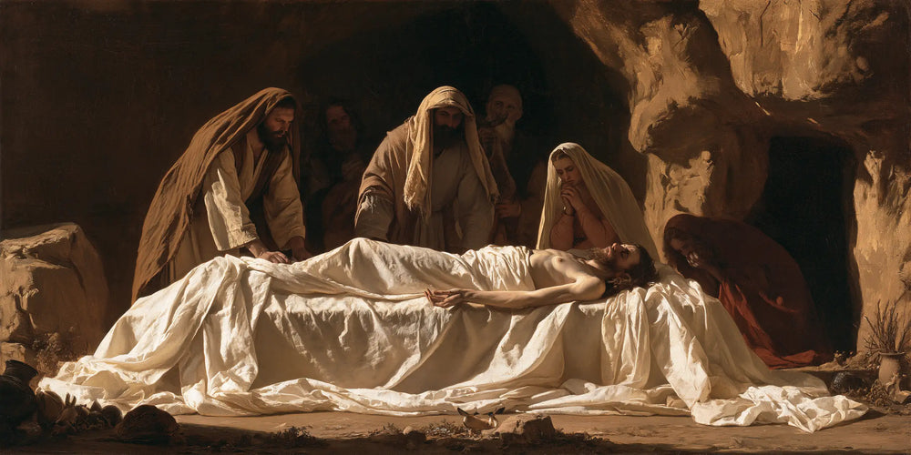 Entombment of Jesus Christ in Sacred Silence style, landscape Christian artwork no. 19