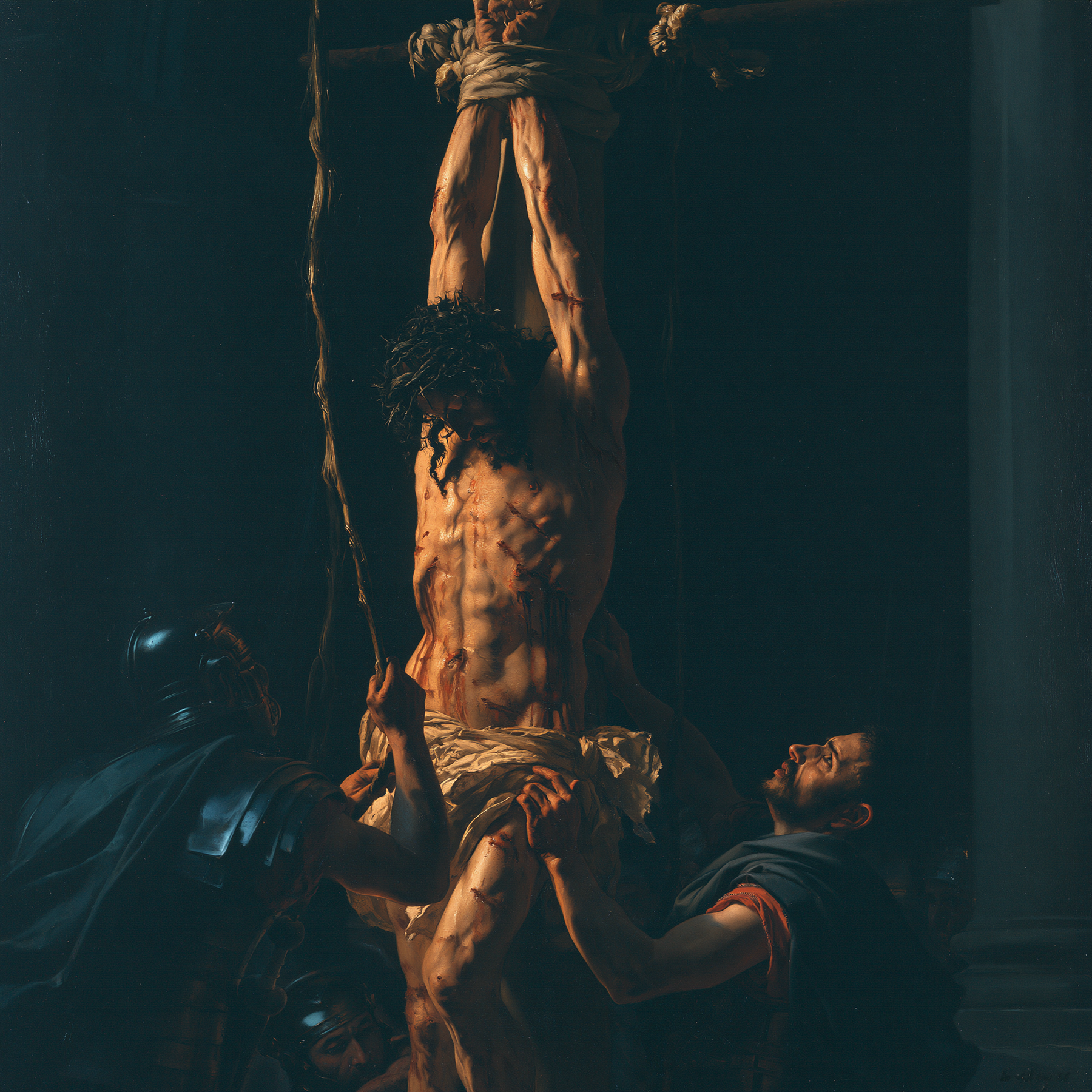 La Flagellation du Christ — Clair-obscur bleu nuit · Carré n° 1 — aperçu de la finition sélectionnée