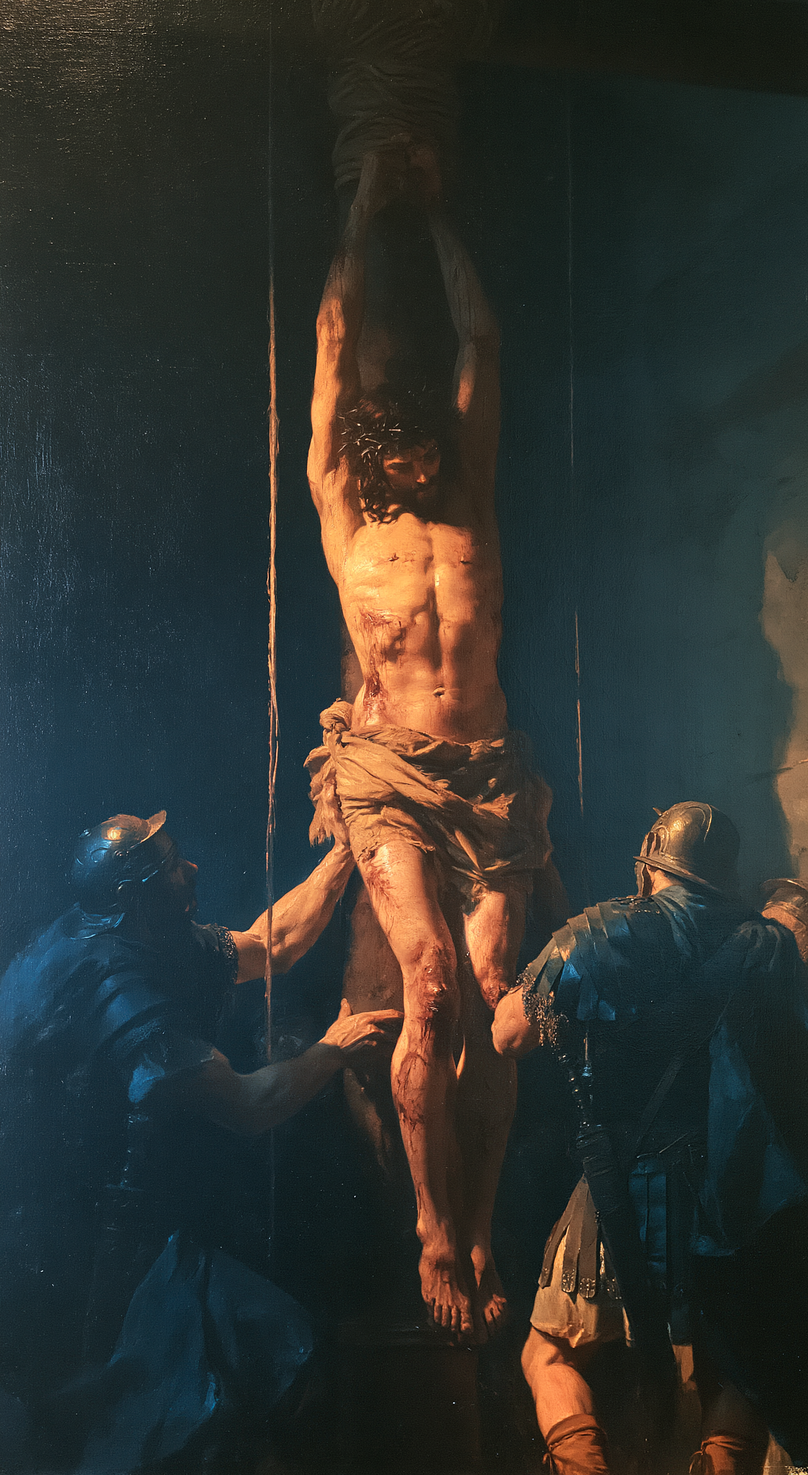 La Flagellation du Christ — Clair-obscur bleu nuit · Portrait n° 5 — aperçu de la finition sélectionnée