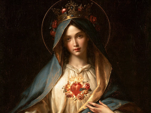 the Immaculate Heart of Mary in black and gold in Black and Gold style, landscape Christian artwork no. 2