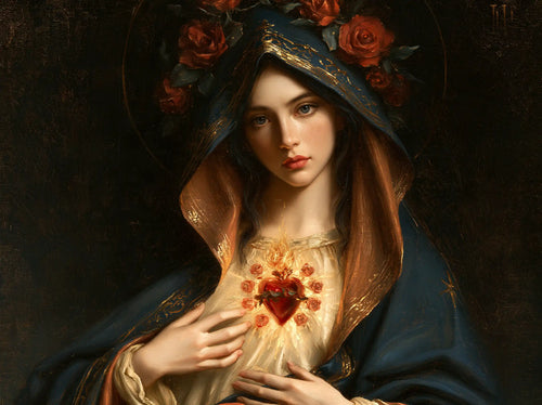 the Immaculate Heart of Mary in black and gold in Black and Gold style, landscape Christian artwork no. 7
